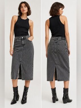 H&M &Denim Grey Wash Denim Midi Skirt Size M High Waist Slit